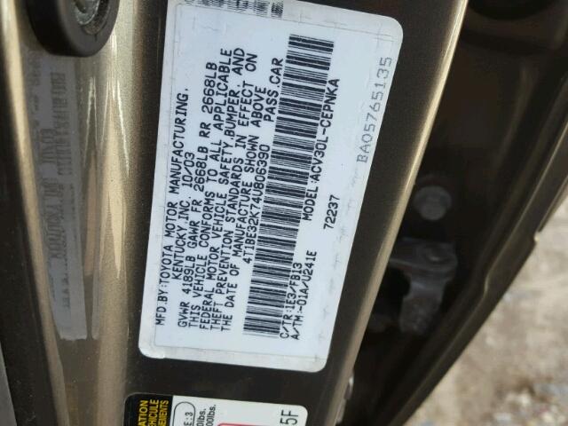 4T1BE32K74U806390 - 2004 TOYOTA CAMRY LE/X GRAY photo 10