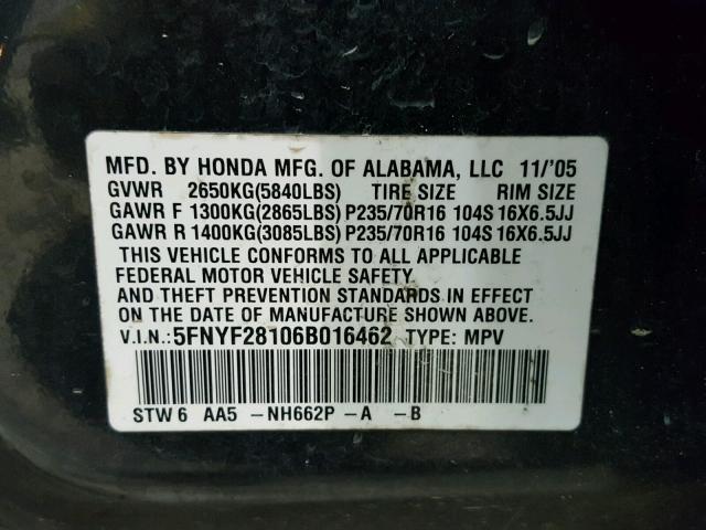 5FNYF28106B016462 - 2006 HONDA PILOT LX BLACK photo 10