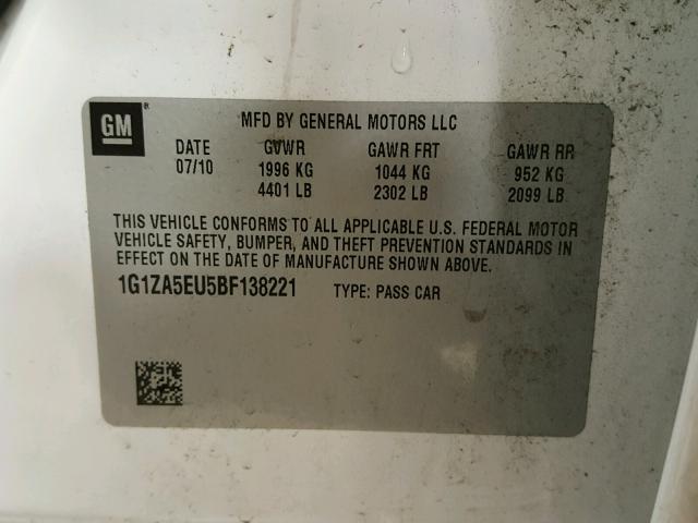 1G1ZA5EU5BF138221 - 2011 CHEVROLET MALIBU LS 白色 照片 10