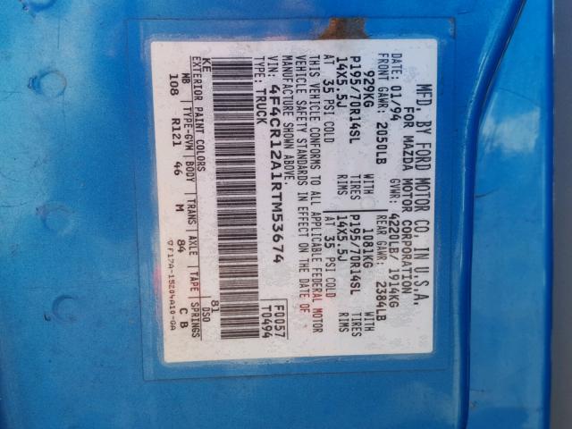 4F4CR12A1RTM53674 - 1994 MAZDA B2300 BLUE photo 10