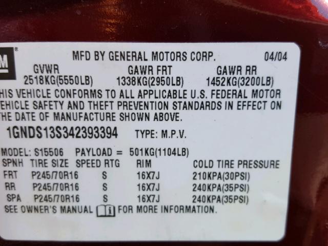 1GNDS13S342393394 - 2004 CHEVROLET TRAILBLAZE MAROON photo 10