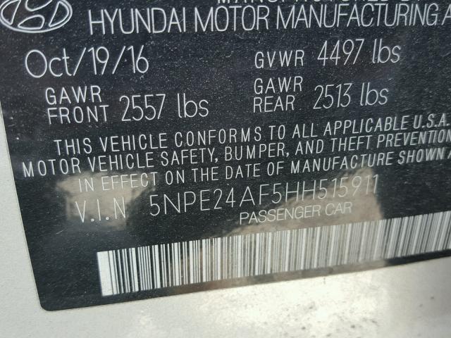 5NPE24AF5HH515911 - 2017 HYUNDAI SONATA SE SILVER photo 10