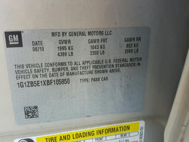 1G1ZB5E1XBF105850 - 2011 CHEVROLET MALIBU LS ოქროსფერი ფოტო 10