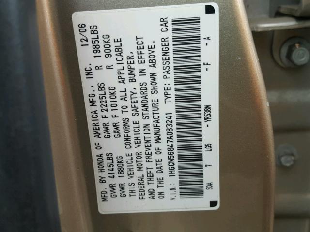 1HGCM56847A083241 - 2007 HONDA ACCORD EX GOLD photo 10