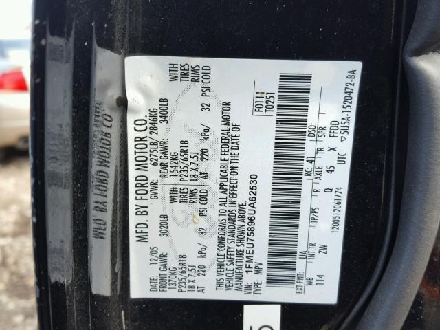 1FMEU75896UA62530 - 2006 FORD EXPLORER L BLACK photo 10