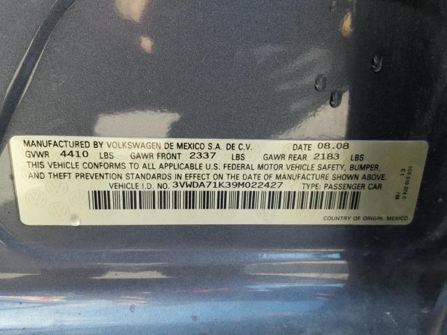 3VWDA71K39M022427 - 2009 VOLKSWAGEN GLI GRAY photo 10