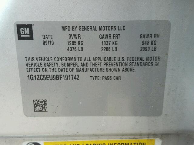 1G1ZC5EU9BF191742 - 2011 CHEVROLET MALIBU 1LT 银色 照片 10