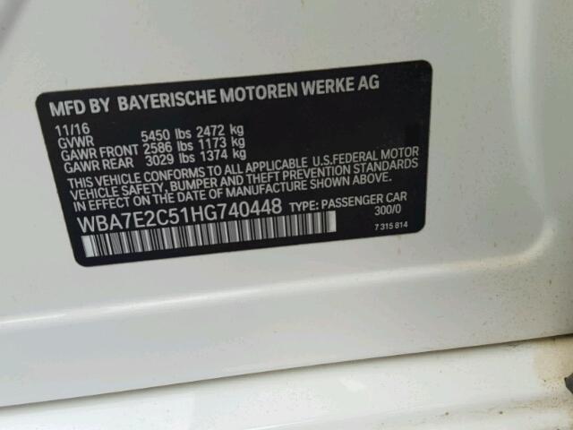 WBA7E2C51HG740448 - 2017 BMW 740 I WHITE photo 10