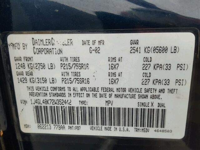 1J4GL48K72W352442 - 2002 JEEP LIBERTY SP BLUE photo 10