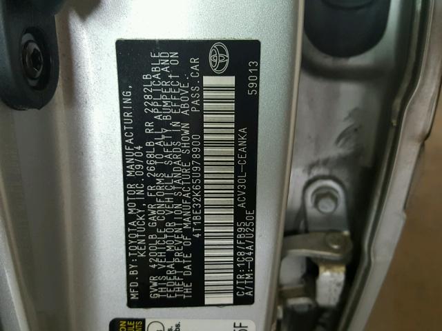 4T1BE32K65U978900 - 2005 TOYOTA CAMRY LE SILVER photo 10