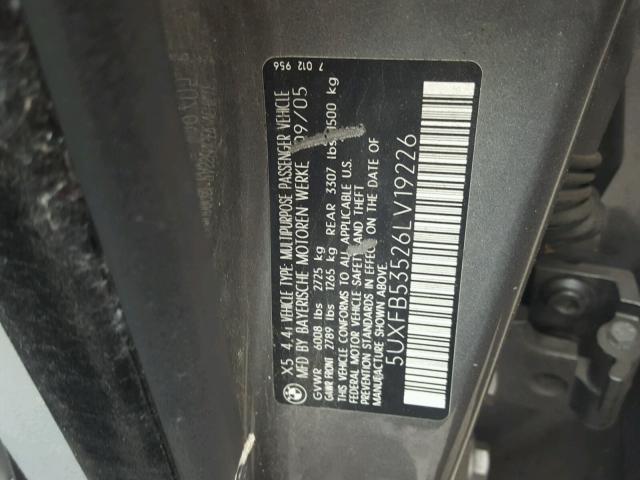 5UXFB53526LV19226 - 2006 BMW X5 4.4I GRAY photo 10