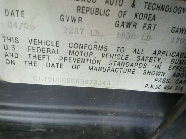 KL1TD66666B672343 - 2006 CHEVROLET AVEO BASE Siyah fotoğraf 10