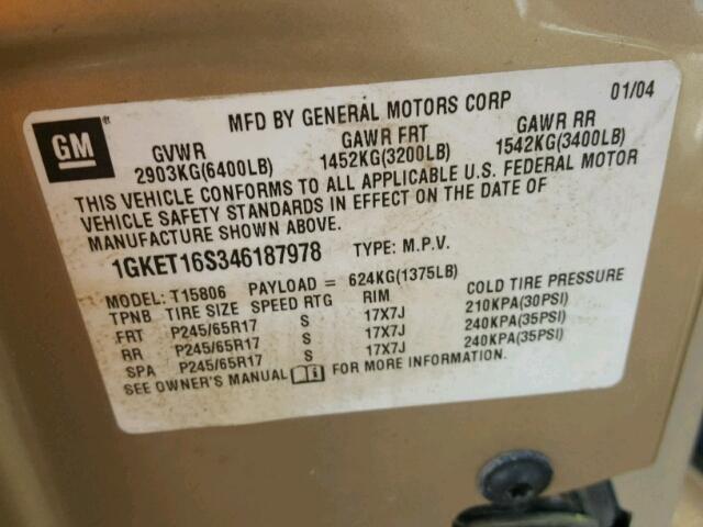 1GKET16S346187978 - 2004 GMC ENVOY XL GOLD photo 10