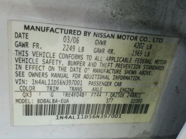 1N4AL11D56N397001 - 2006 NISSAN ALTIMA S WHITE photo 10