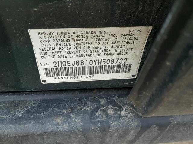 2HGEJ6610YH509732 - 2000 HONDA CIVIC BASE GREEN photo 10