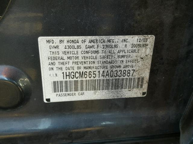 1HGCM66514A033887 - 2004 HONDA ACCORD EX GRAY photo 10