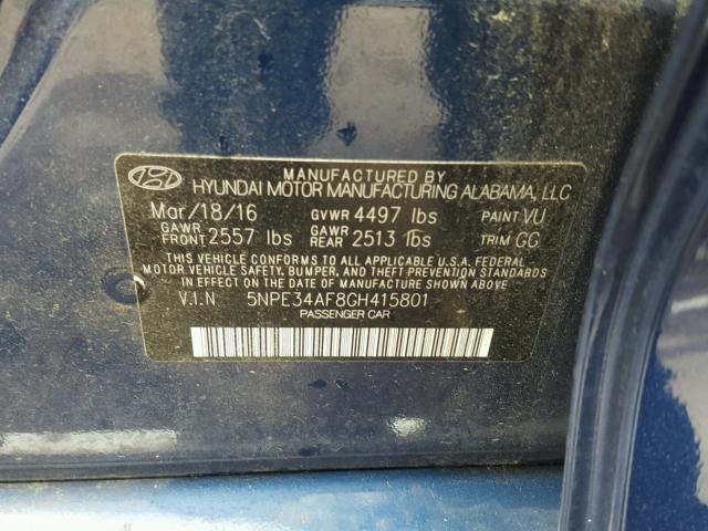 5NPE34AF8GH415801 - 2016 HYUNDAI SONATA SPO BLUE photo 10