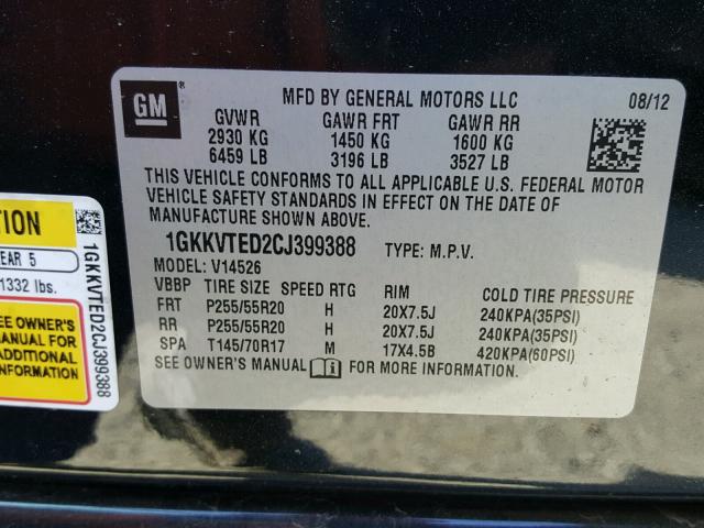 1GKKVTED2CJ399388 - 2012 GMC ACADIA DEN BLACK photo 10