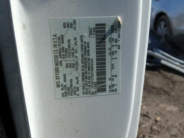 1FTZF17231NB96541 - 2001 FORD F150 WHITE photo 10