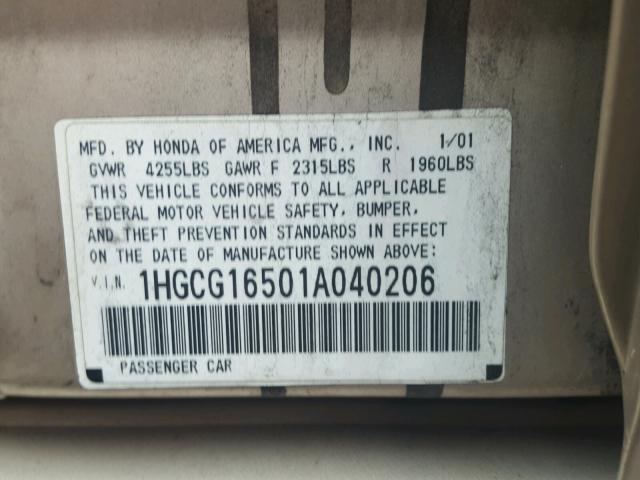 1HGCG16501A040206 - 2001 HONDA ACCORD EX GOLD photo 10