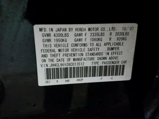 JH4CL96938C013512 - 2008 ACURA TSX BLACK photo 10