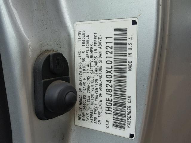 1HGEJ8240XL012211 - 1999 HONDA CIVIC EX SILVER photo 10