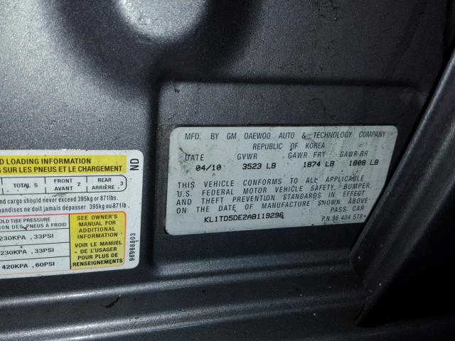 KL1TD5DE2AB119296 - 2010 CHEVROLET AVEO LS 灰色 照片 10