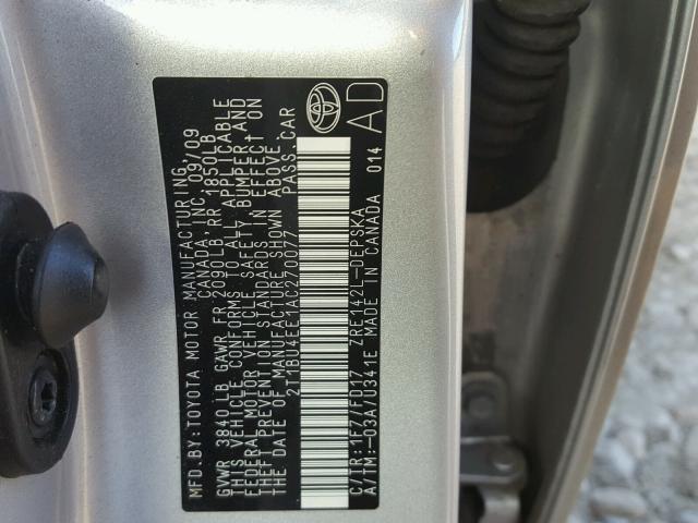 2T1BU4EE1AC270077 - 2010 TOYOTA COROLLA BA SILVER photo 10