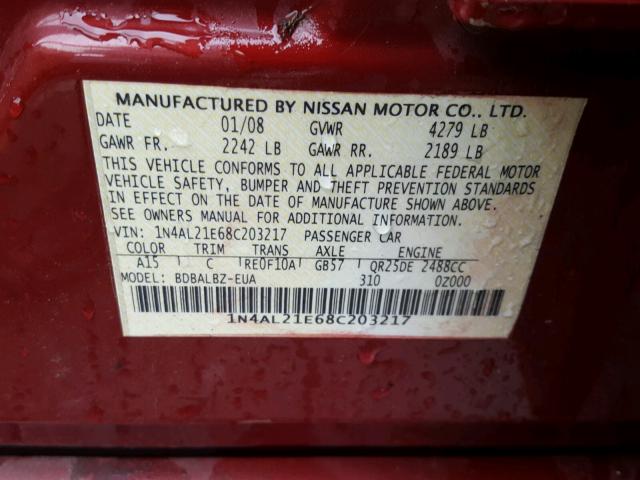 1N4AL21E68C203217 - 2008 NISSAN ALTIMA 2.5 MAROON photo 10