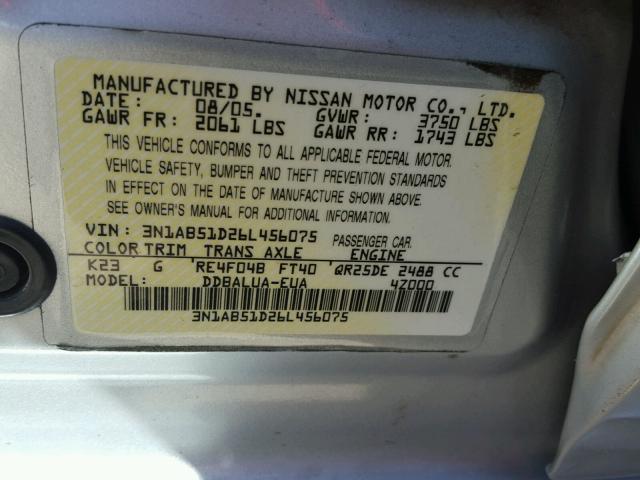 3N1AB51D26L456075 - 2006 NISSAN SENTRA SE- SILVER photo 10