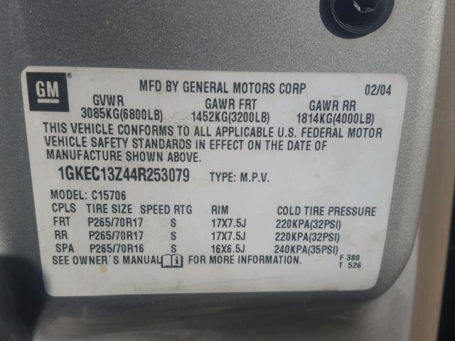 1GKEC13Z44R253079 - 2004 GMC YUKON SILVER photo 10