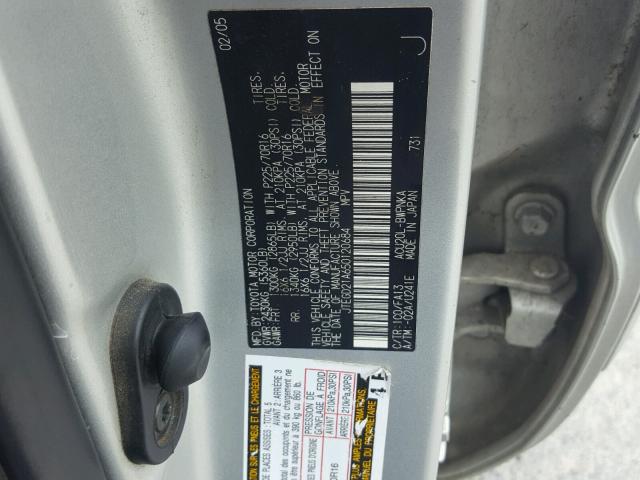 JTEGD21A650120684 - 2005 TOYOTA HIGHLANDER SILVER photo 10