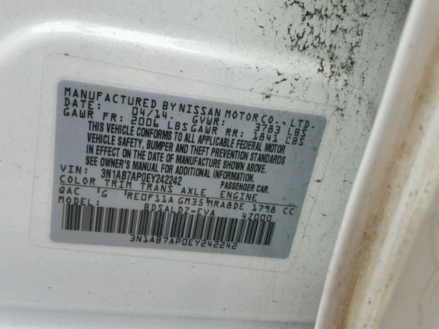 3N1AB7AP0EY242242 - 2014 NISSAN SENTRA S WHITE photo 10