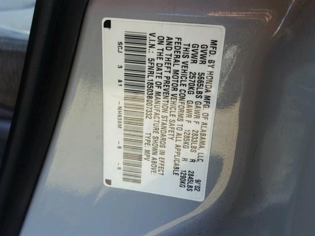 5FNRL18503B007332 - 2003 HONDA ODYSSEY LX SILVER photo 10