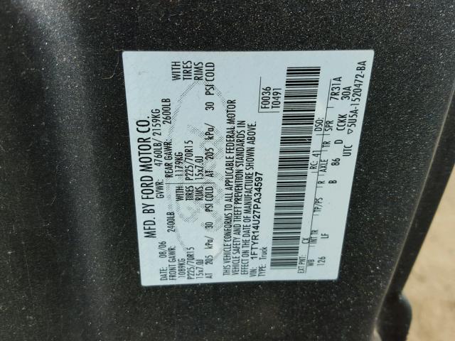 1FTYR14U27PA34597 - 2007 FORD RANGER SUP GRAY photo 10