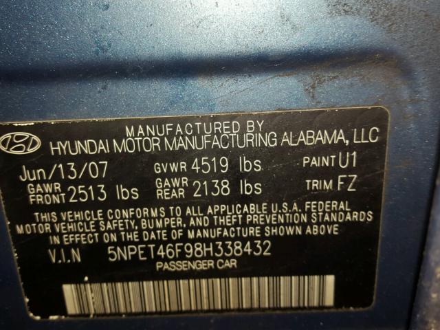 5NPET46F98H338432 - 2008 HYUNDAI SONATA GLS BLUE photo 10