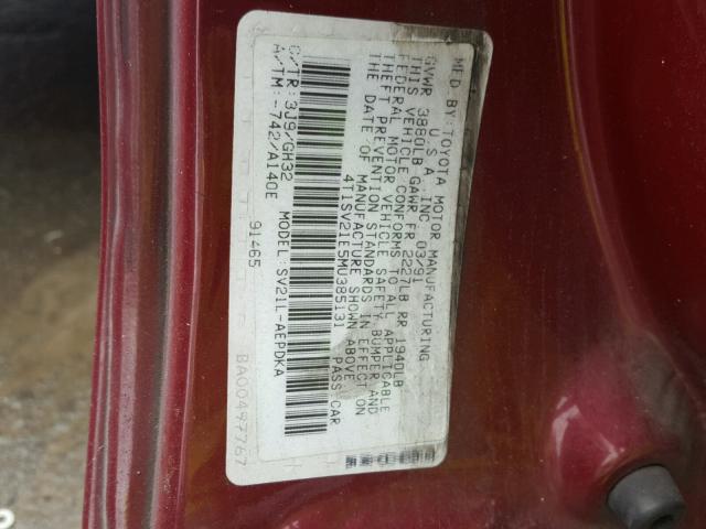 4T1SV21E5MU385131 - 1991 TOYOTA CAMRY DLX RED photo 10