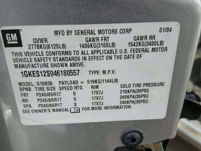 1GKES12S946180557 - 2004 GMC ENVOY XUV SILVER photo 10