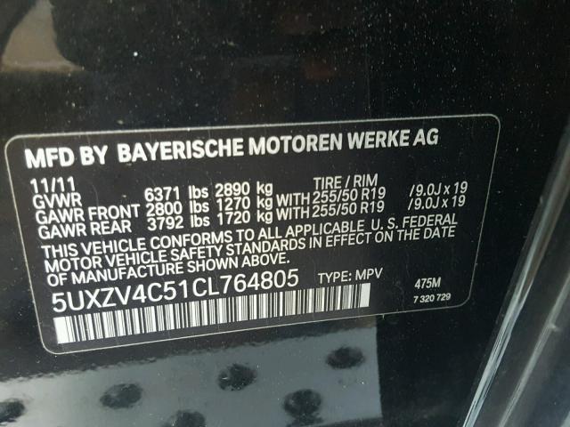 5UXZV4C51CL764805 - 2012 BMW X5 XDRIVE3 BLACK photo 10