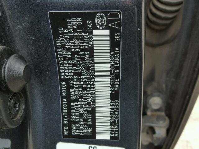 2T1BU4EE2AC370821 - 2010 TOYOTA COROLLA BA CHARCOAL photo 10