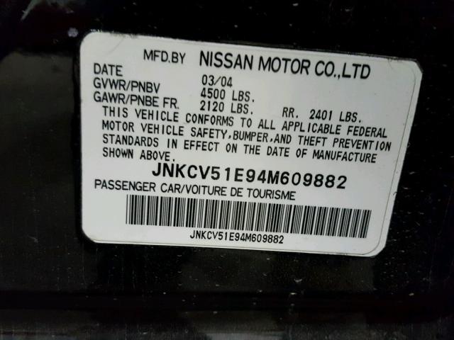 JNKCV51E94M609882 - 2004 INFINITI G35 BLACK photo 10