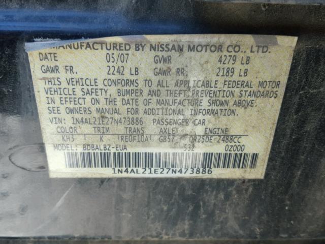 1N4AL21E27N473886 - 2007 NISSAN ALTIMA 2.5 BLACK photo 10