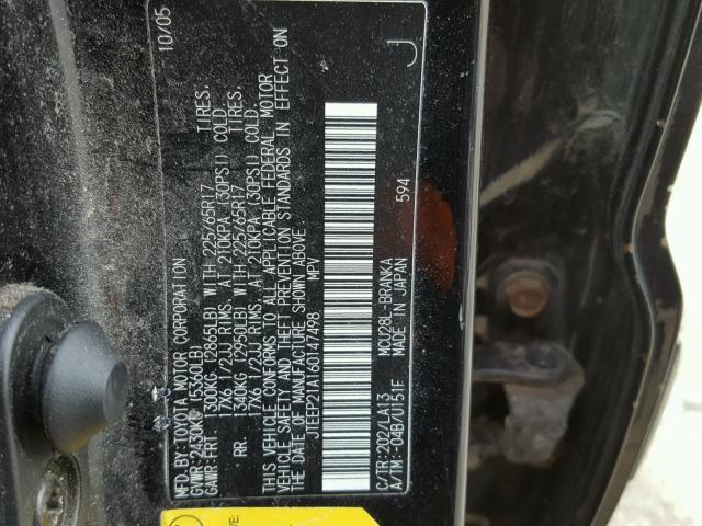 JTEEP21A160147498 - 2006 TOYOTA HIGHLANDER BLACK photo 10