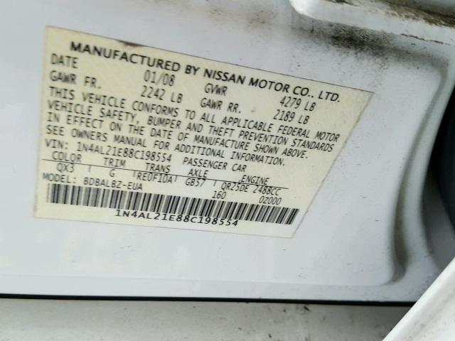 1N4AL21E88C198554 - 2008 NISSAN ALTIMA 2.5 WHITE photo 10