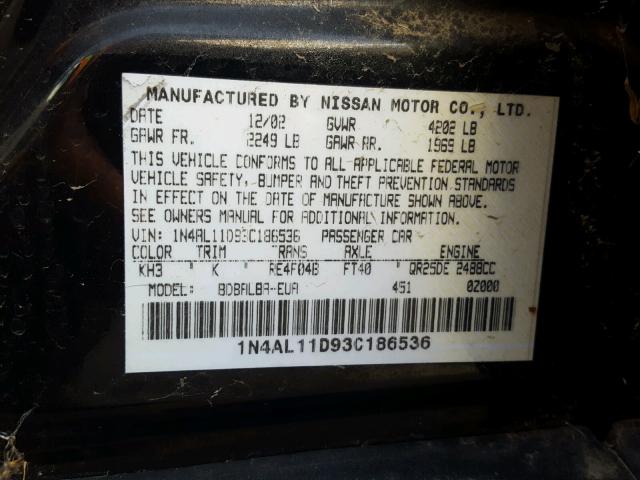 1N4AL11D93C186536 - 2003 NISSAN ALTIMA BAS BLACK photo 10