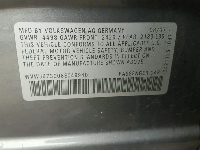 WVWJK73C08E049940 - 2008 VOLKSWAGEN PASSAT TUR CHARCOAL photo 10