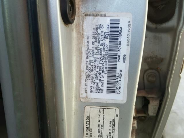 4T1BE32K52U525122 - 2002 TOYOTA CAMRY LE SILVER photo 10