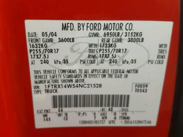 1FTRX14W54NC21528 - 2004 FORD F150 RED photo 10