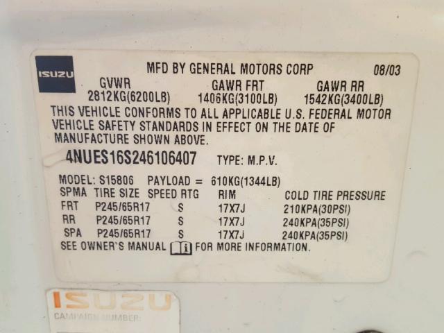 4NUES16S246106407 - 2004 ISUZU ASCENDER S 白色 照片 10