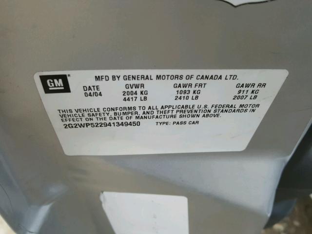 2G2WP522941349450 - 2004 PONTIAC GRAND PRIX SILVER photo 10
